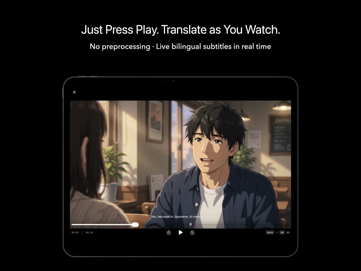 KenjaPlayer applying live AI subtitles to a video streamed from a media server on iPad