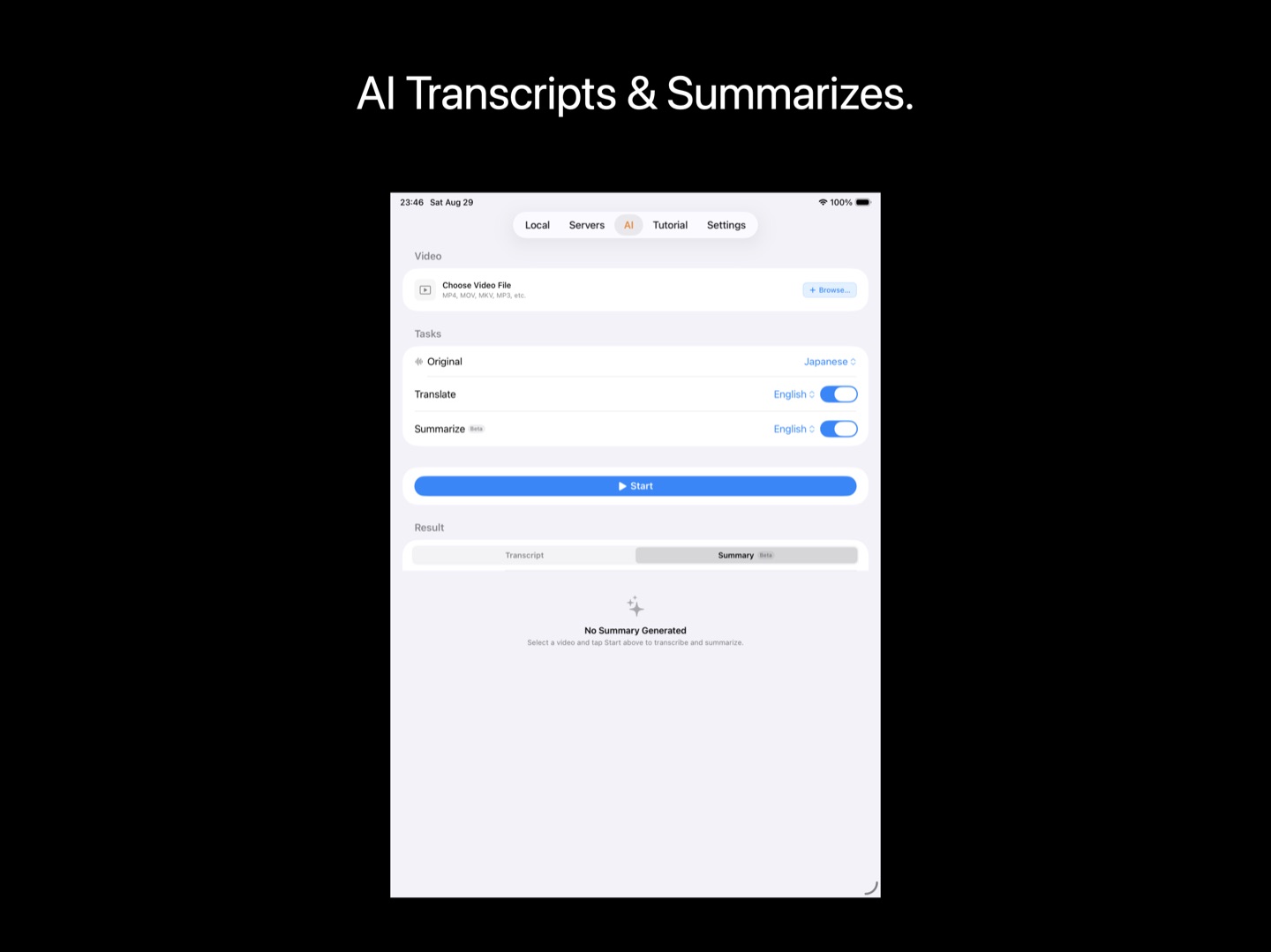 Clickable chapter timeline with timestamps in a KenjaPlayer AI summary on iPad