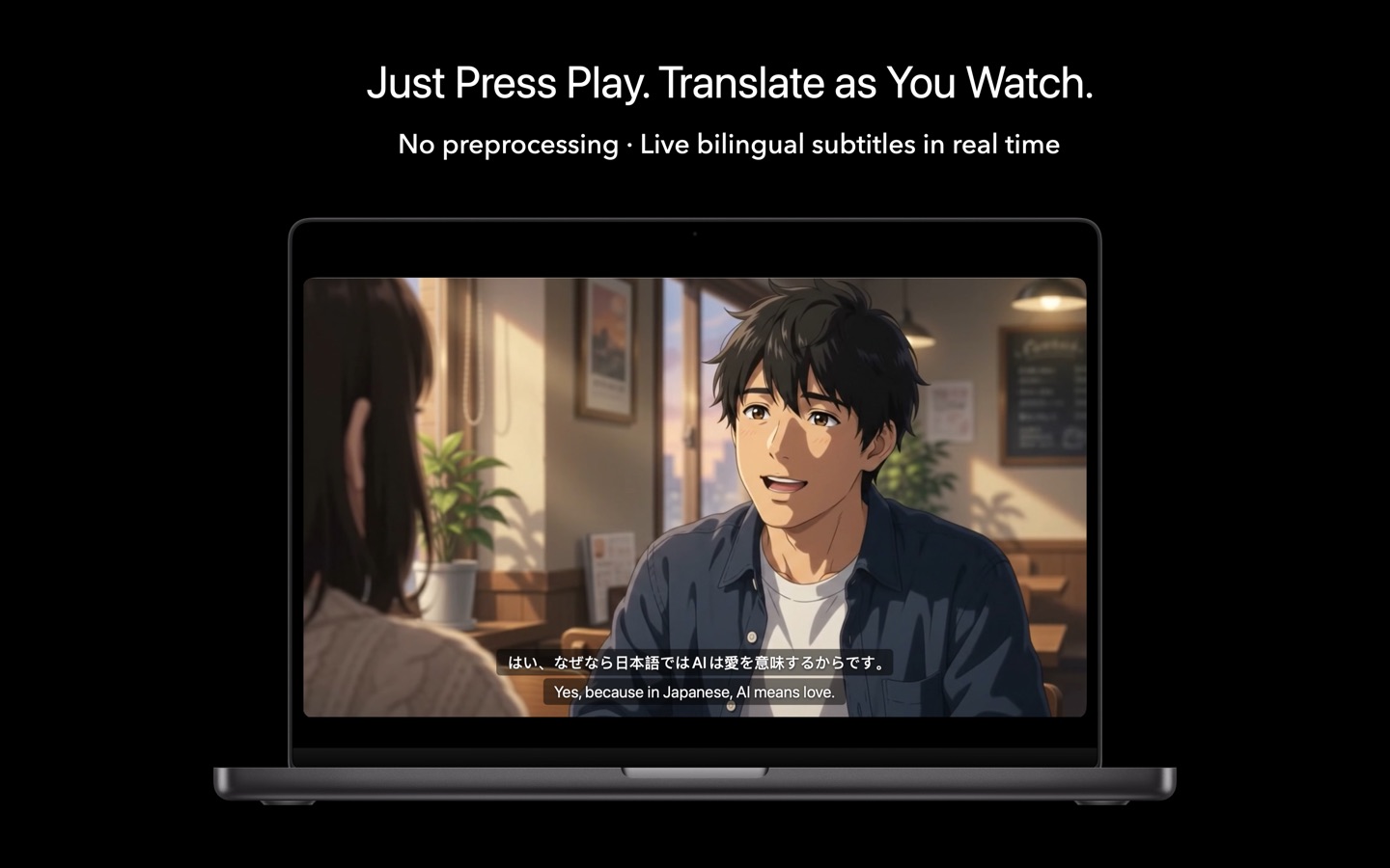 KenjaPlayer on Mac translating Japanese speech into English live — dual subtitles over the movie