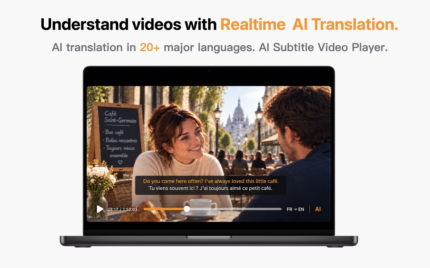KenjaPlayer en Mac — traducción con IA en tiempo real, subtítulos dobles sobre la película
