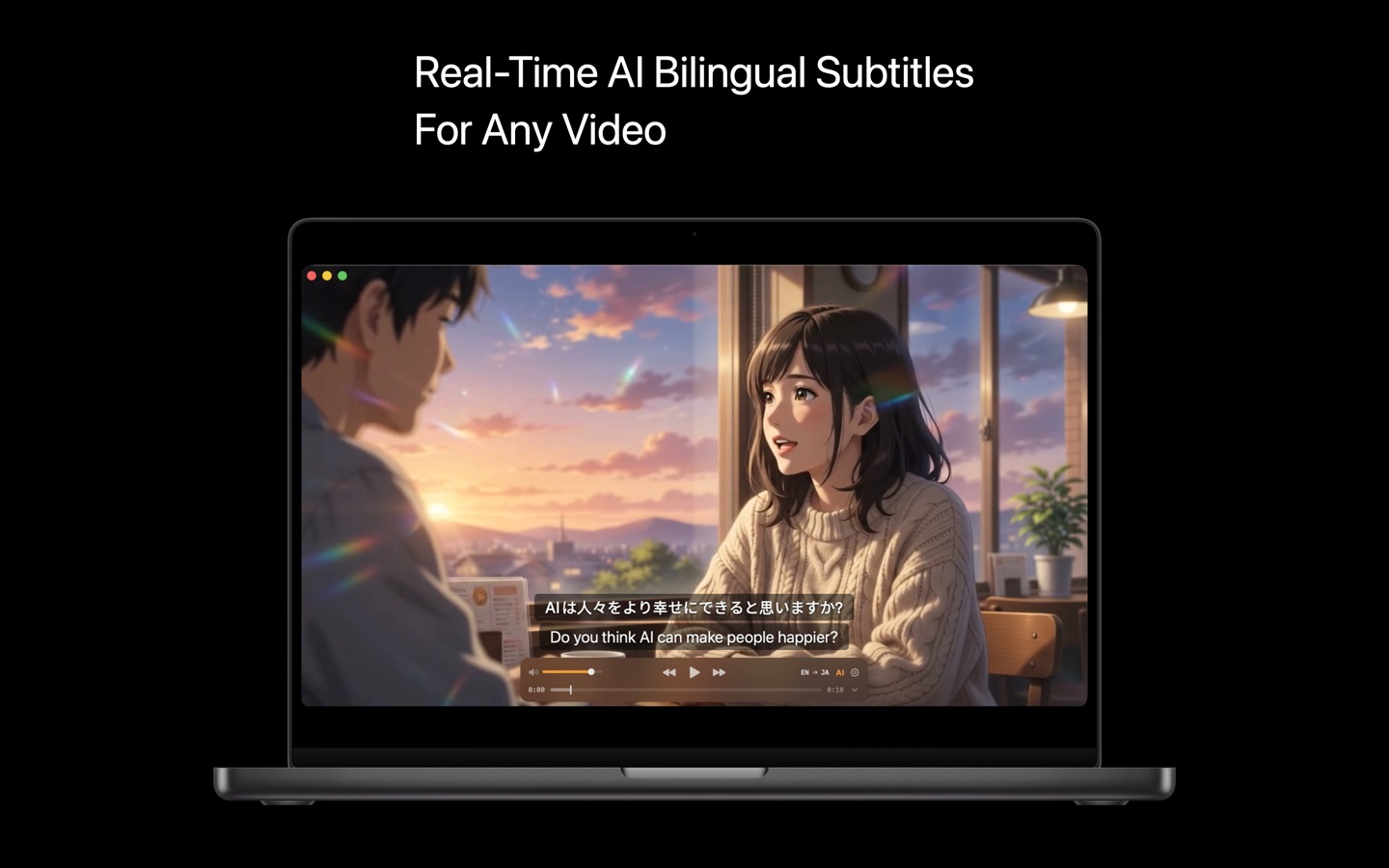 KenjaPlayer on Mac playing a movie with live bilingual AI subtitles
