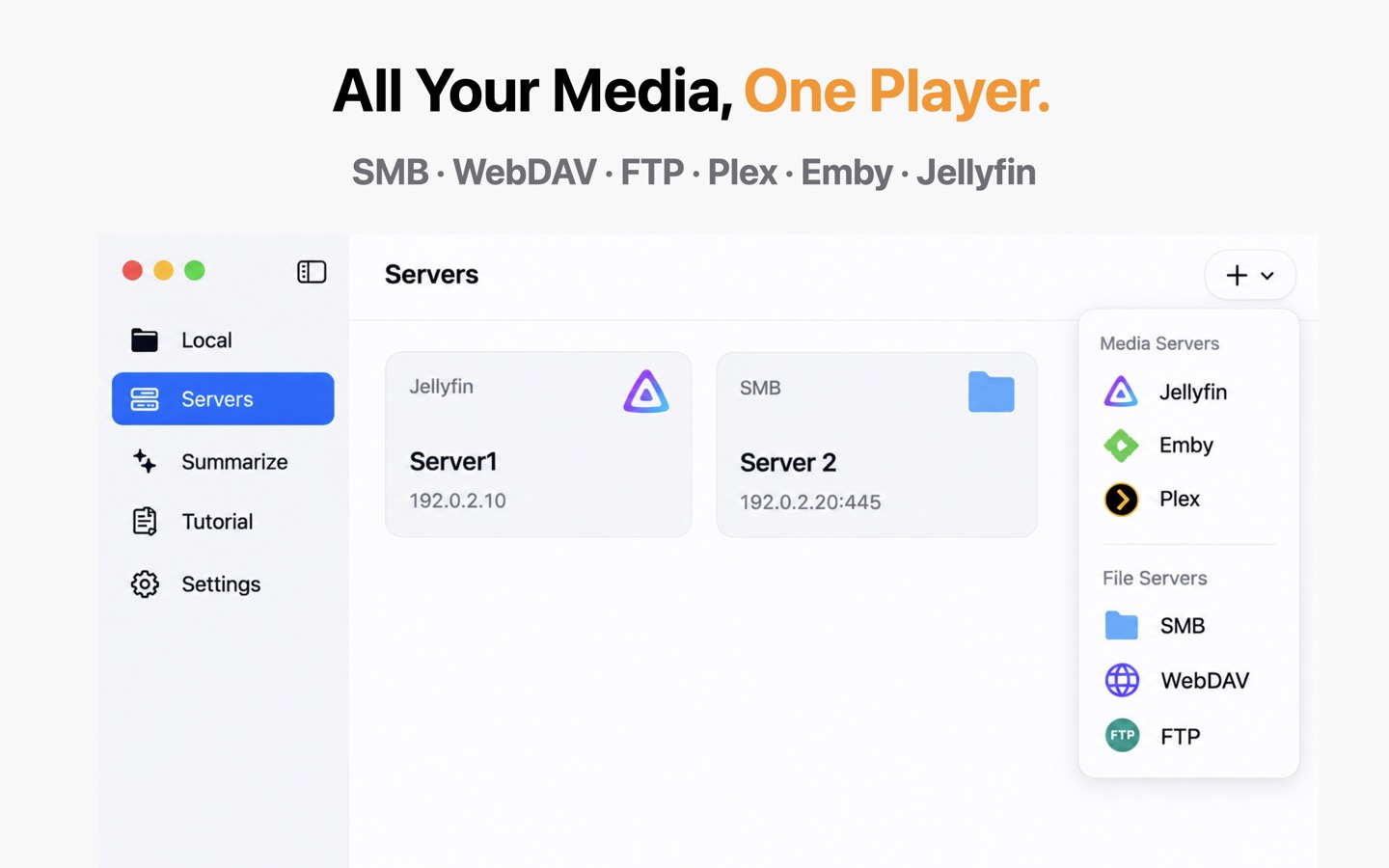KenjaPlayer en Mac — SMB, WebDAV, FTP, Plex, Emby y Jellyfin en un solo reproductor